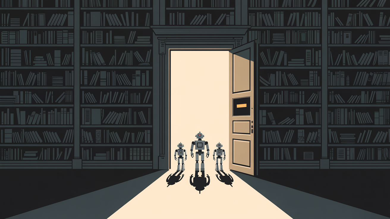 Une porte grande ouverte dans un mur de bibliothèque, laissant entrer de petits robots : métaphore de l'accès des IA au contenu d'un site