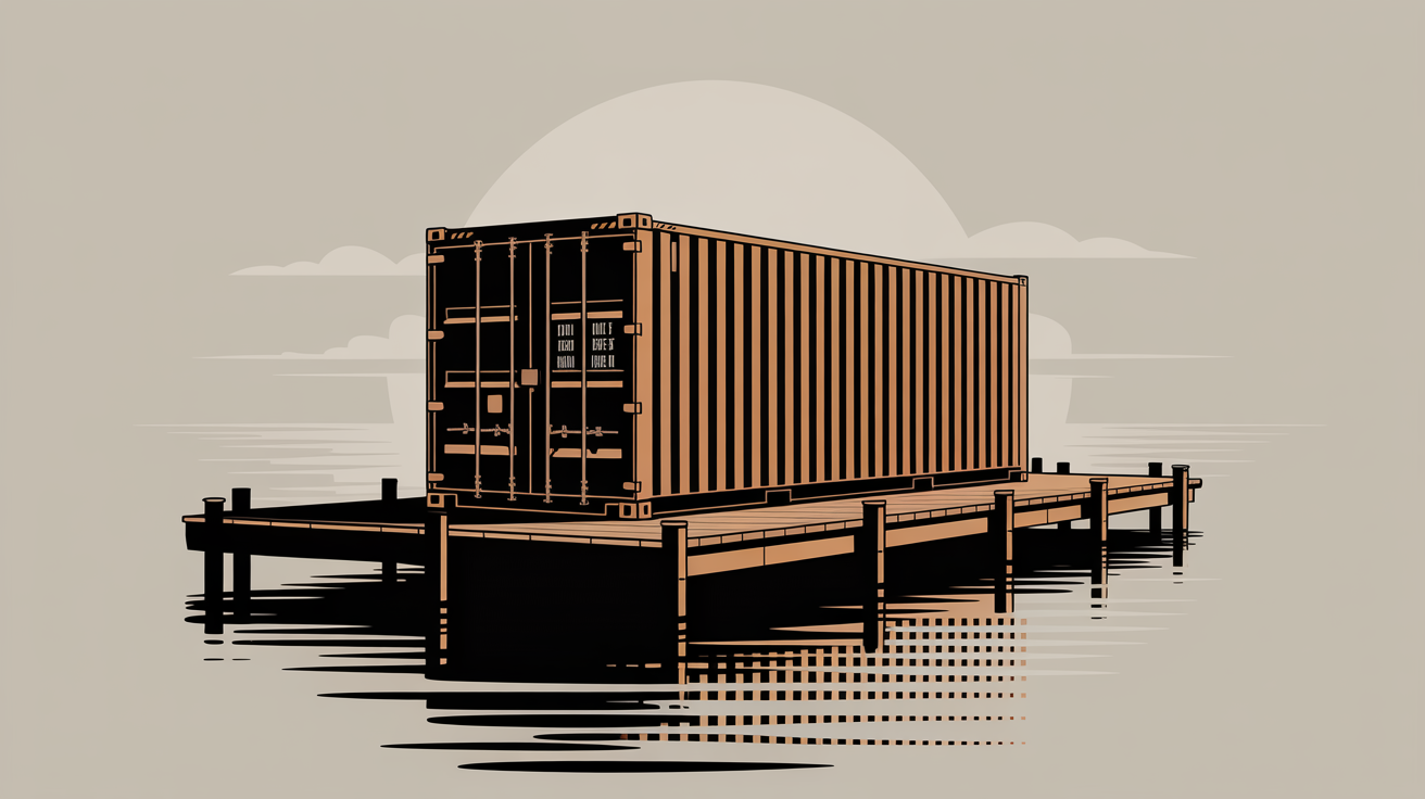 Un container posé sur un ponton privé au bord d'une eau calme, métaphore de l'application hébergée chez soi