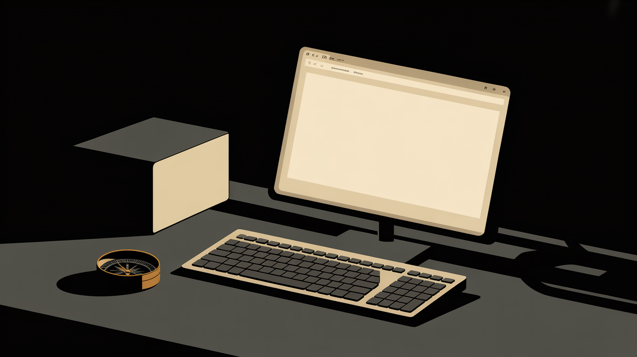 Fenêtre de terminal ouverte sur un bureau sombre, une boussole posée à côté du clavier
