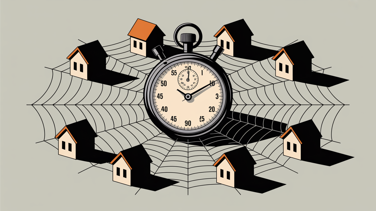 Chronomètre au centre d'une toile reliant de petites maisons, métaphore d'un réseau de sites monté en une heure