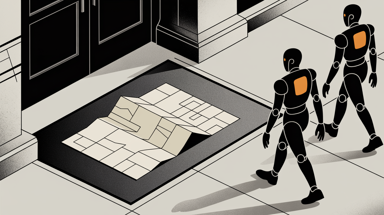 Une carte pliée posée sur un paillasson, ignorée par des silhouettes de robots qui passent au second plan
