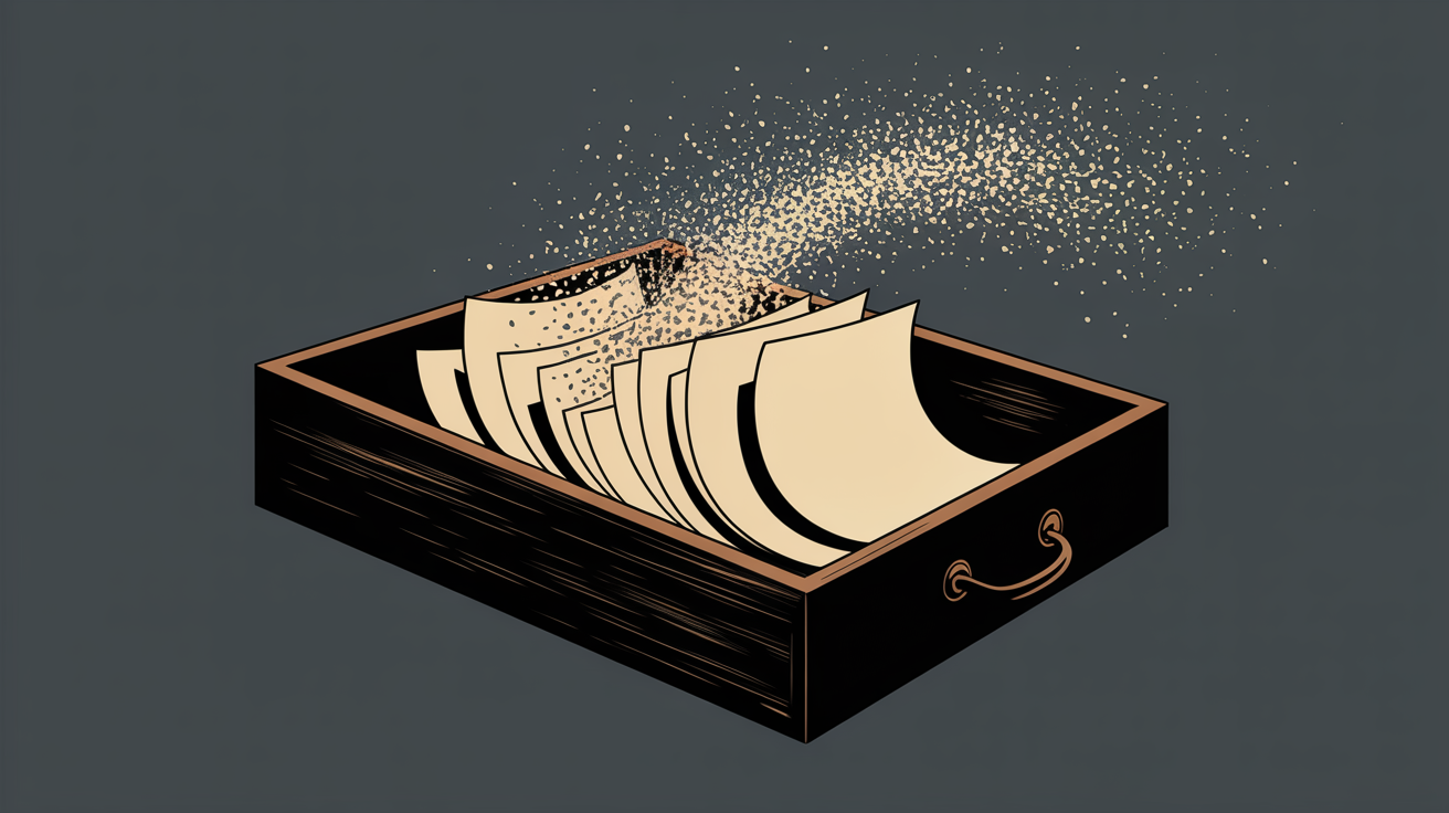 Tiroir de brouillons dont les pages se dissolvent en particules lumineuses