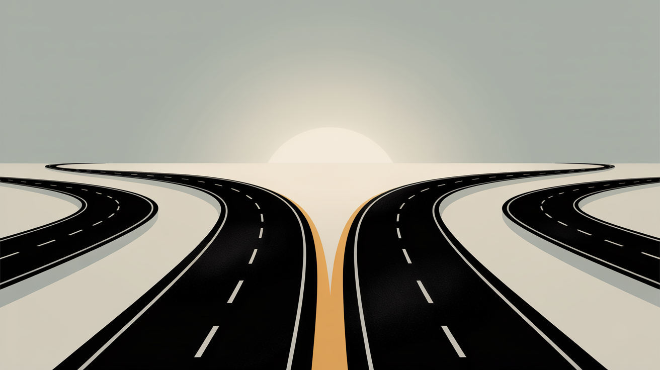 Deux routes qui convergent en une seule voie, symbole de la complémentarité entre SEO et GEO